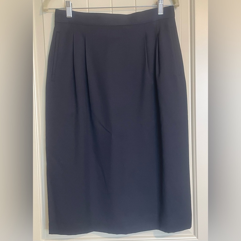 Blue Wool Midi Pencil Skirt with Pleated Details for Cocktail
